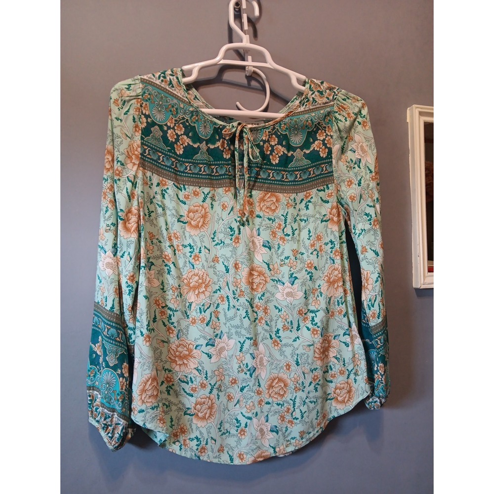 Umgee Top Womens M Blue Long Sleeve Tie Front Whimsical Fairy Blouse